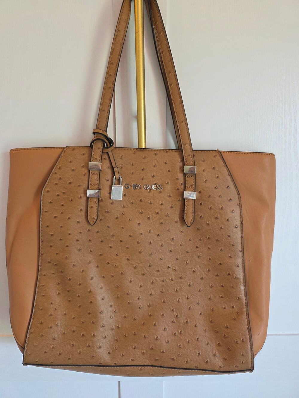 G by GUESS faux ostrich embossed leather shoulder tote bag